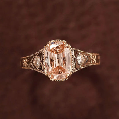 Unique Pink Old Mine Cushion Cut Moissanite With Engraved Band Ring