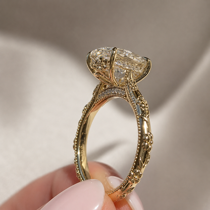 Vintage Floral Oval Moissanite Engagement Ring - Intricate Milgrain Hidden Bridge Gold Ring