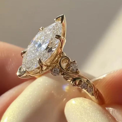 Vintage 2.5 CT Marquise Cut Moissanite Engagement Ring, 18K Solid Yellow Gold Natural Inspired Flower Wedding Ring, Anniversary Ring For Women