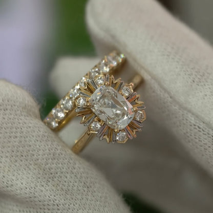 Vintage Inspired Cushion Moissanite Sunburst Halo Ring in Tri Tone Gold Ring Set