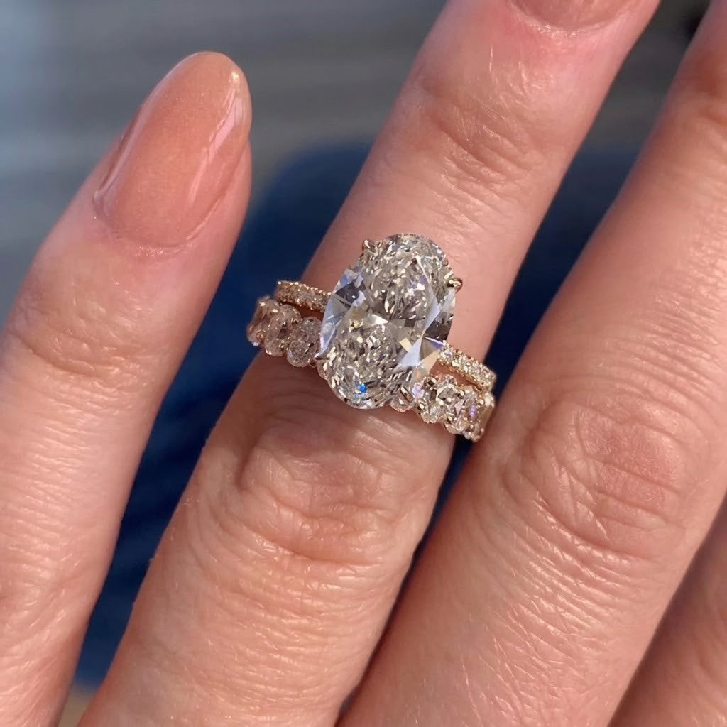 3 CT Oval Cut Moissanite Engagement Ring Set, 14K Solid Gold Ring Set, Hidden Halo Ring Set, Eternity Ring Set, Bridal / Wedding Ring Set