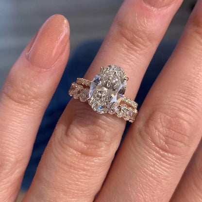 3 CT Oval Cut Moissanite Engagement Ring Set, 14K Solid Gold Ring Set, Hidden Halo Ring Set, Eternity Ring Set, Bridal / Wedding Ring Set