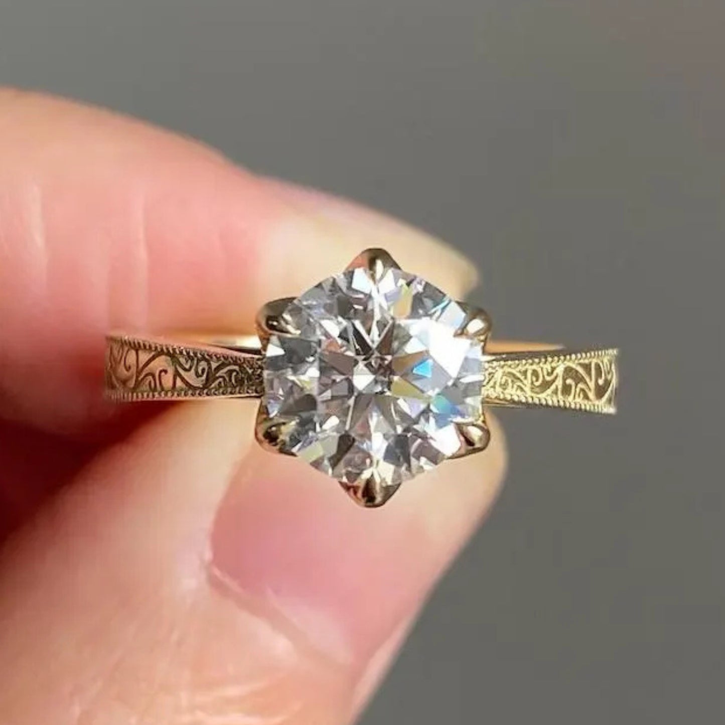 Vintage Inspired 2 CT Round Cut Solitaire Lab Diamond Engagement Ring, 14K Yellow Gold Art Deco Hand Made Filigree Promise Ring for Her