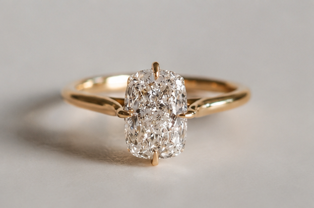 Elongated Cushion Cut Moissanite Solitaire Engagement Ring - Minimalist Compass Setting Gold Ring