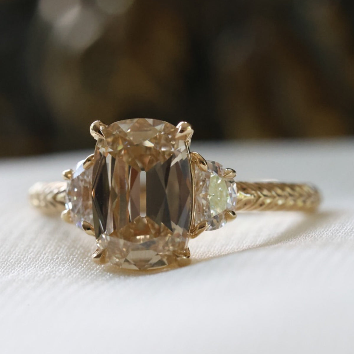 Champagne Cushion Cut Moissanite Engagement Ring in Vintage Engraved Gold