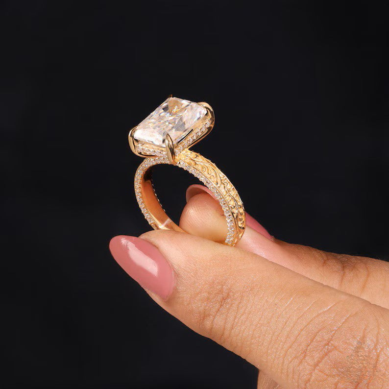 4CT Radiant Cut Moissanite Engagement Ring Vintage Engraved Gold Band