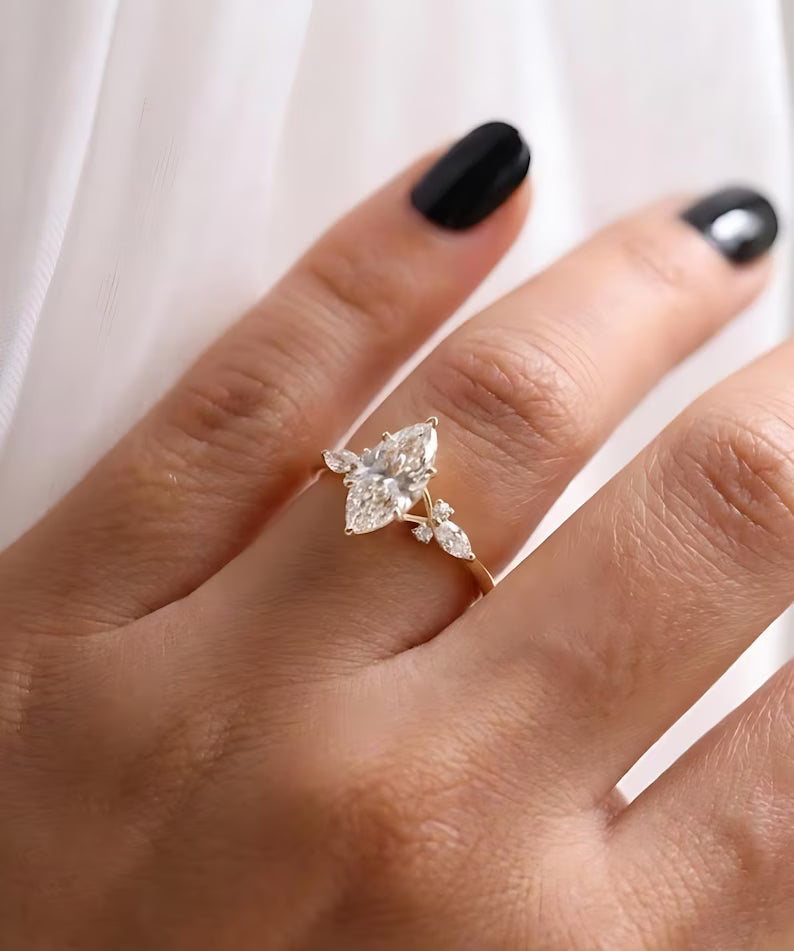 Unique Marquise Engagement Ring Matching Curved Wedding Set