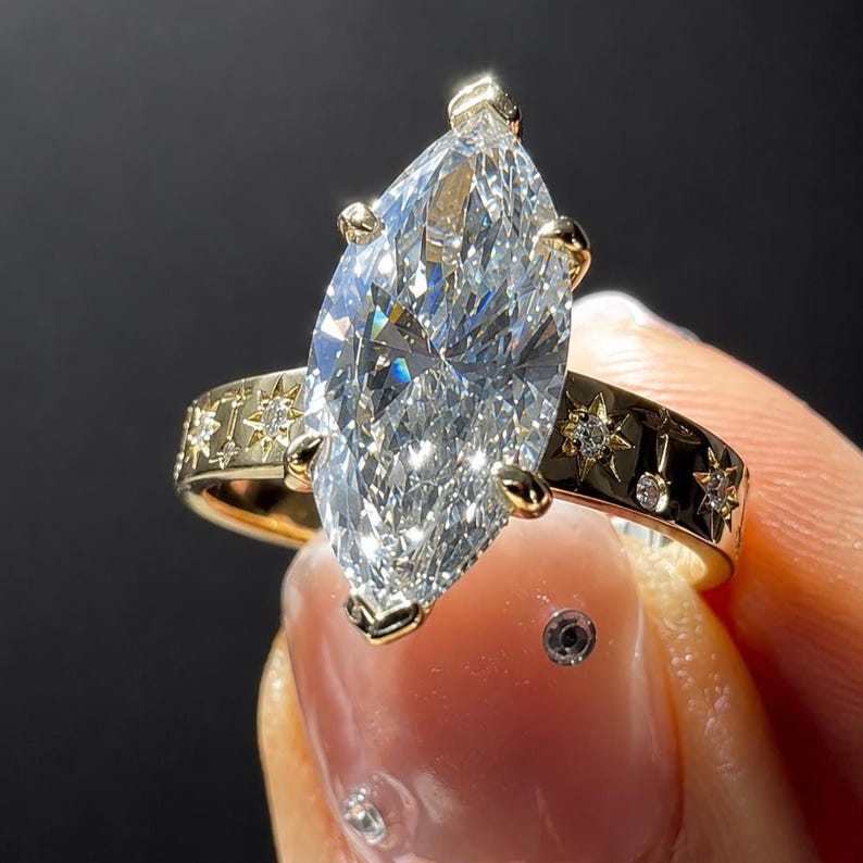 Marquise Diamond Hidden Halo Ring Celestial Engraved Band