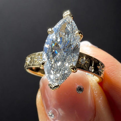 Marquise Diamond Hidden Halo Ring Celestial Engraved Band