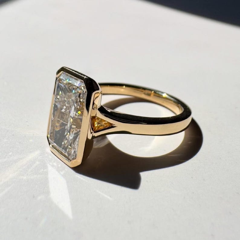 Bezel Set Radiant Cut Moissanite Solitaire Engagement Ring - Cathedral Split Shoulder Gold Ring