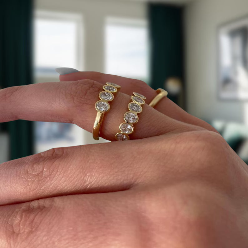 Bezel Set Oval Moissanite Eternity Band - Half / Full Eternity Oval Cut Wedding Band Ring