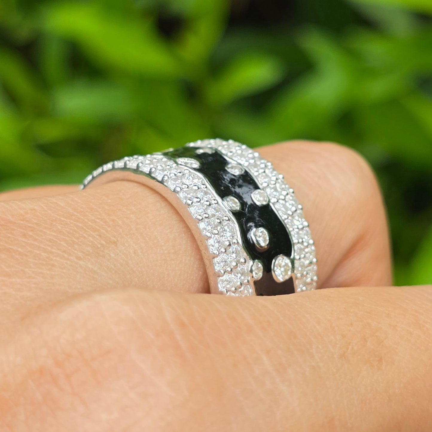 Black Enamel Wide Band Ring, Unique Pave Diamond Cluster Wedding Ring, Heavy Silver Promise Band, Art Deco Style Cocktail Ring For Her