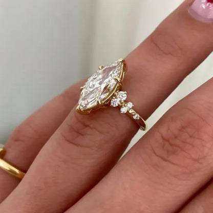 2 CT Marquise Moissanite Engagement Ring with Cluster Side Stones