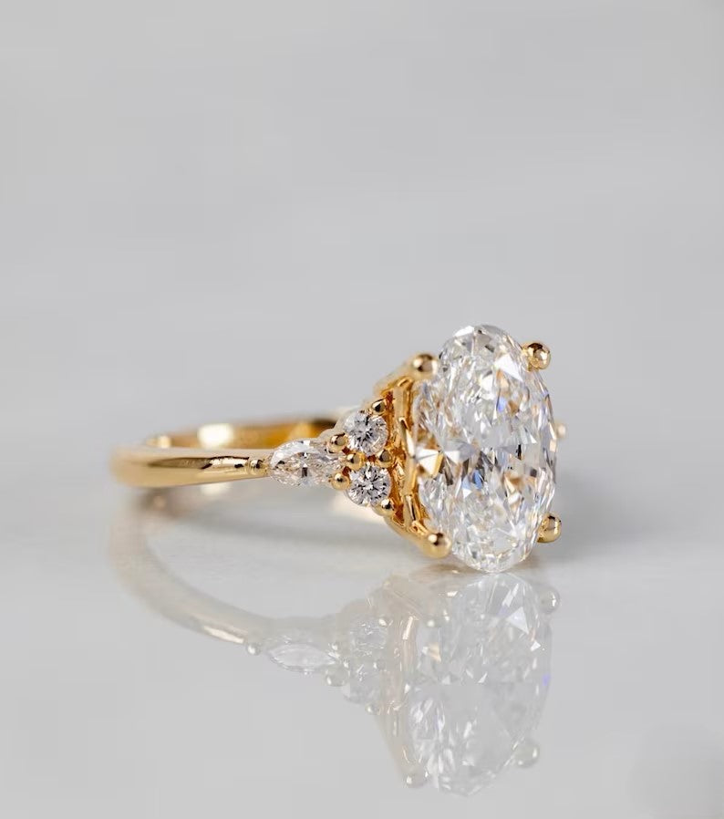 Oval Lab Grown Diamond Engagement Ring - Pear & Round Cluster Side Stone Gold Ring