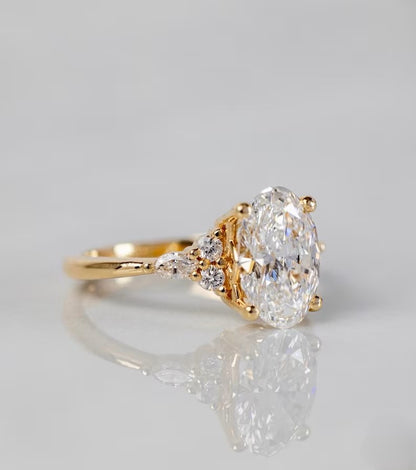 Oval Lab Grown Diamond Engagement Ring - Pear & Round Cluster Side Stone Gold Ring