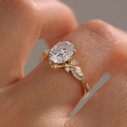 Floral 2 CT Oval Cut Moissanite Engagement Ring, Vintage 18K Solid Gold, Marquise Side Stone Wedding Ring, Anniversary Ring