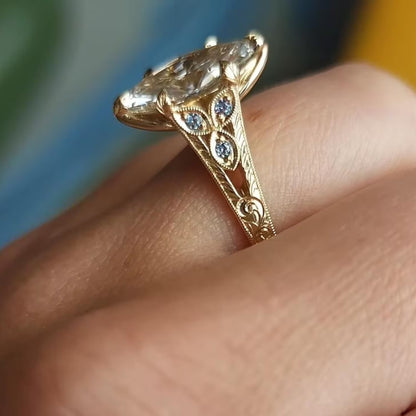 Vintage Marquise Cut Lab Grown Engagement Ring with Gold Engraved