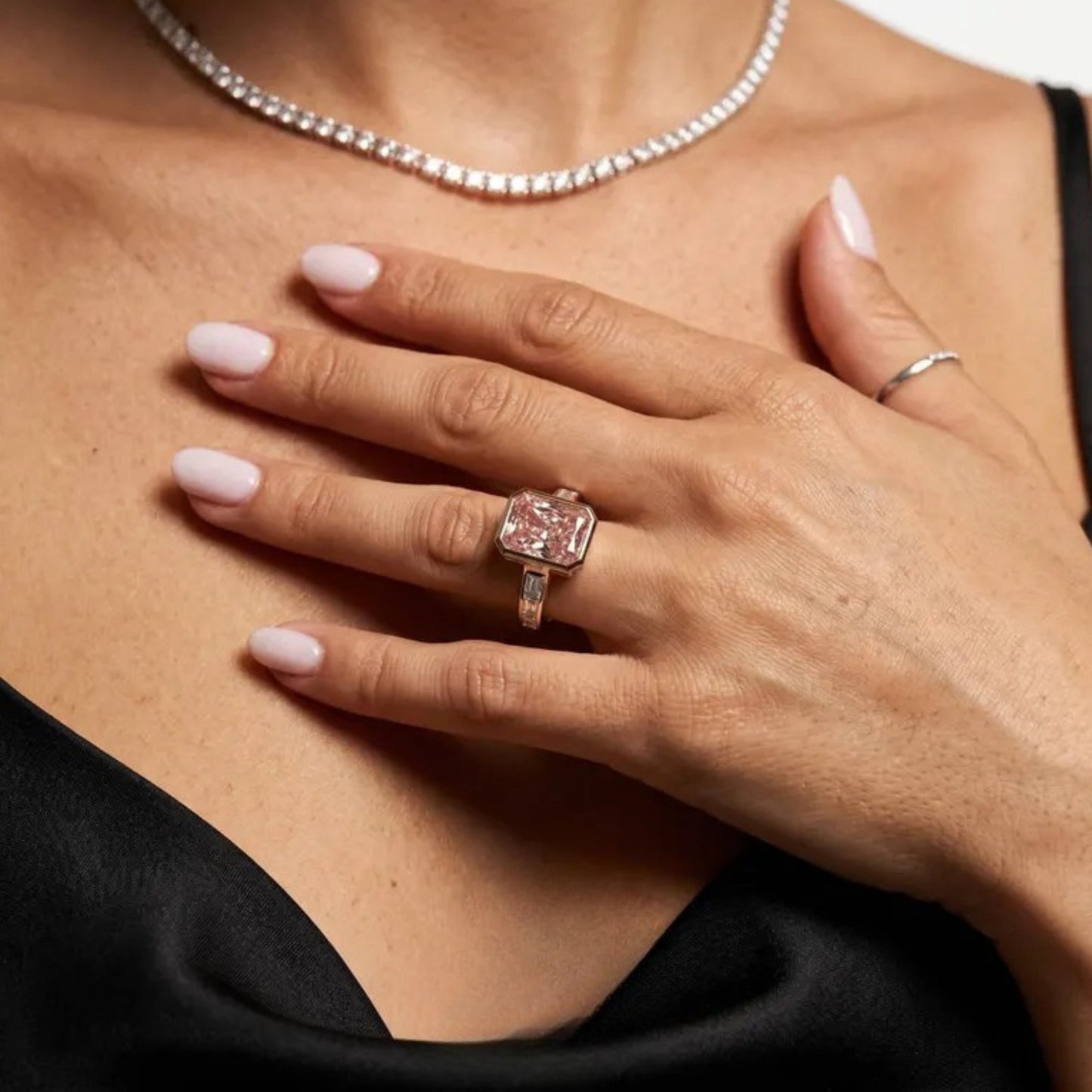 Bezel 3 CT Fancy Vivid Pink Radiant Cut Lab Diamond Engagement Ring, Side Channel Baguette Wedding Ring,14k Rose Gold IGI Certified Ring For Her