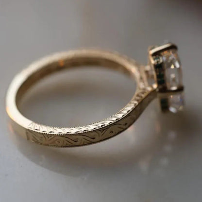 Vintage 3CT Emerald Cut Moissanite Engagement Ring 14K Solid Gold Ring With Engraved Band Antique-Inspired Solitaire Bridal Set Ring for Her