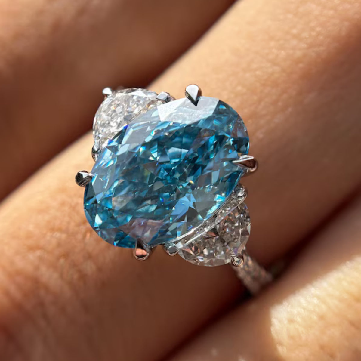 4 CT Blue Oval Lab Grown Three Stone Diamond  Engagement 14K Gold Pave Ring