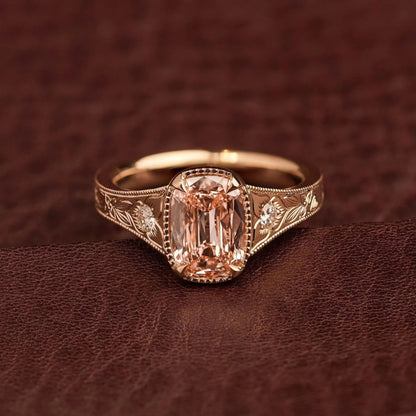Unique Pink Old Mine Cushion Cut Moissanite With Engraved Band Ring
