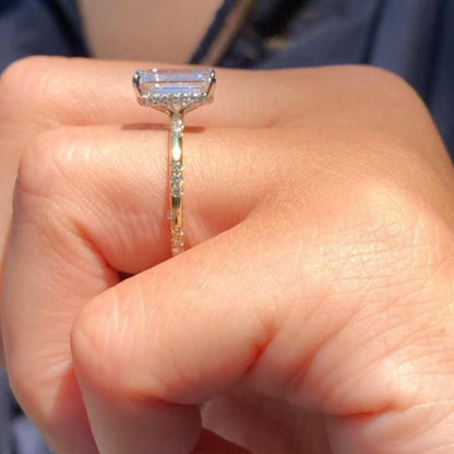 3CT Emerald Cut Moissanite Engagement Ring With 14K Yellow Gold Hidden Halo