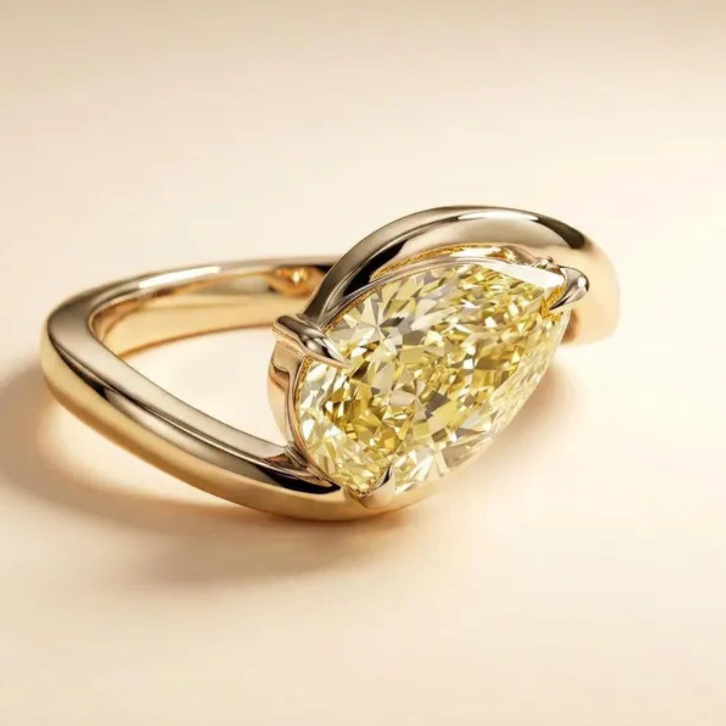2 CT Fancy Vivid Yellow Pear Lab Diamond Engagement Ring, East West Bypass Setting Wedding Ring, 14k Yellow Gold, IGI Certified VS