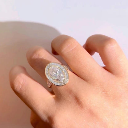 Art Deco Oval Moissanite With Halo Baguette & Round Cut Engagement Ring