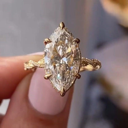 Marquise Cut Moissanite Engagement Ring - Twisted Vine Pavé Band Vintage Gold Ring