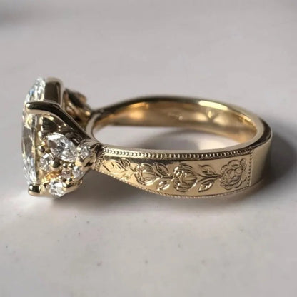 3 CT Oval Cut Moissanite Engagement Ring, Vintage Art deco Engraved Ring 14K Solid Gold Cluster Ring, Unique Anniversary Proposal Ring, Promise Ring