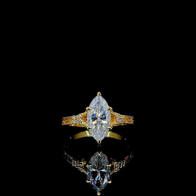 3CT Marquise Cut Moissanite Engagement Ring Vintage Hand Engraved Gold Band