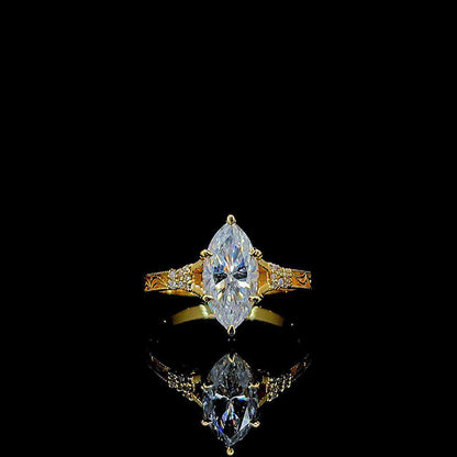 3CT Marquise Cut Moissanite Engagement Ring Vintage Hand Engraved Gold Band