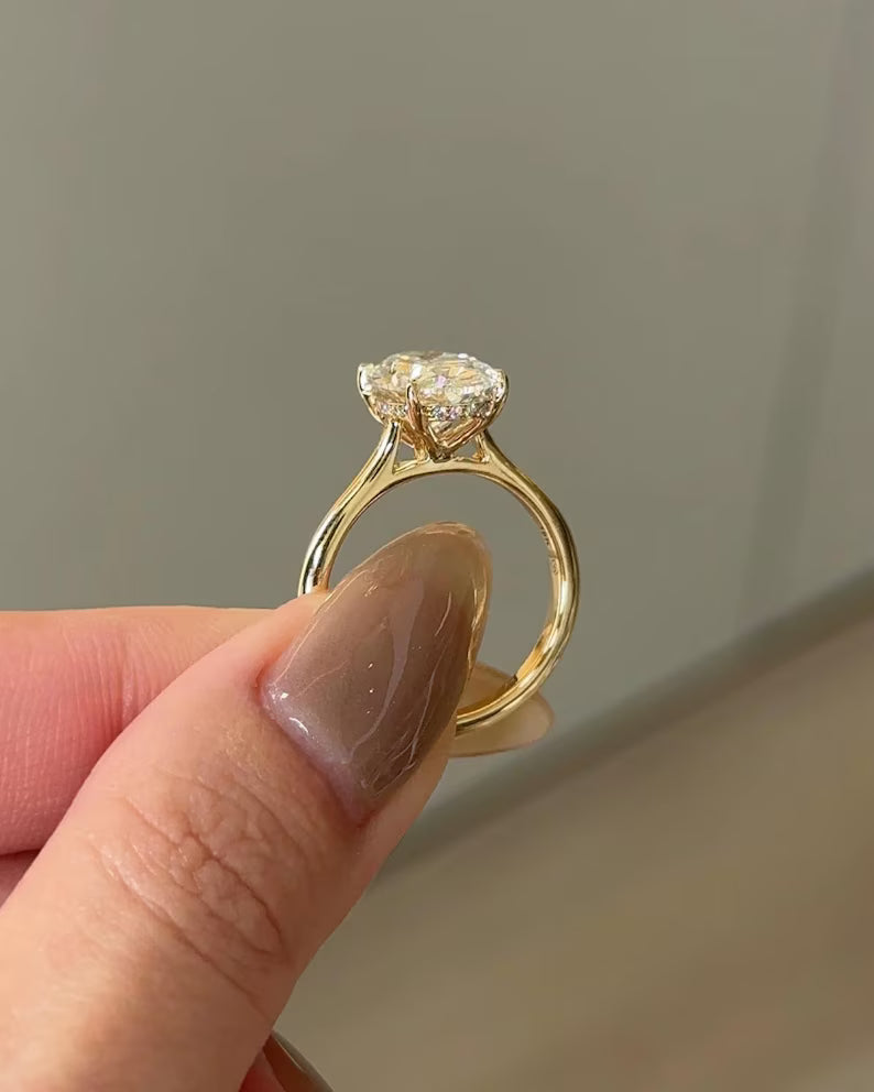 Oval Moissanite Hidden Halo Ring Marquise Accent Band
