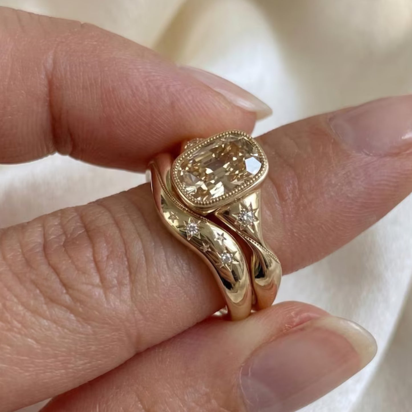 4 CT Old Mine Elongated Cushion Moissanite Engagement Ring Set 14K Gold Starburst Engraved Wedding Band Antique Style Anniversary Gift Her