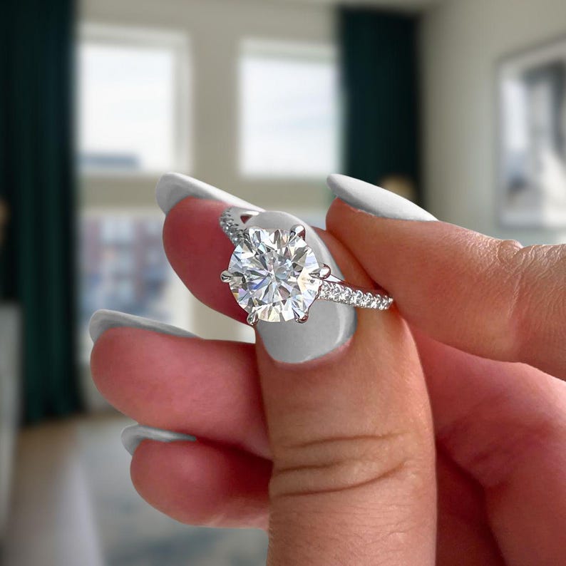 Six Prong Round Cut Moissanite Engagement Ring - Cathedral Pavé Band Solitaire Ring
