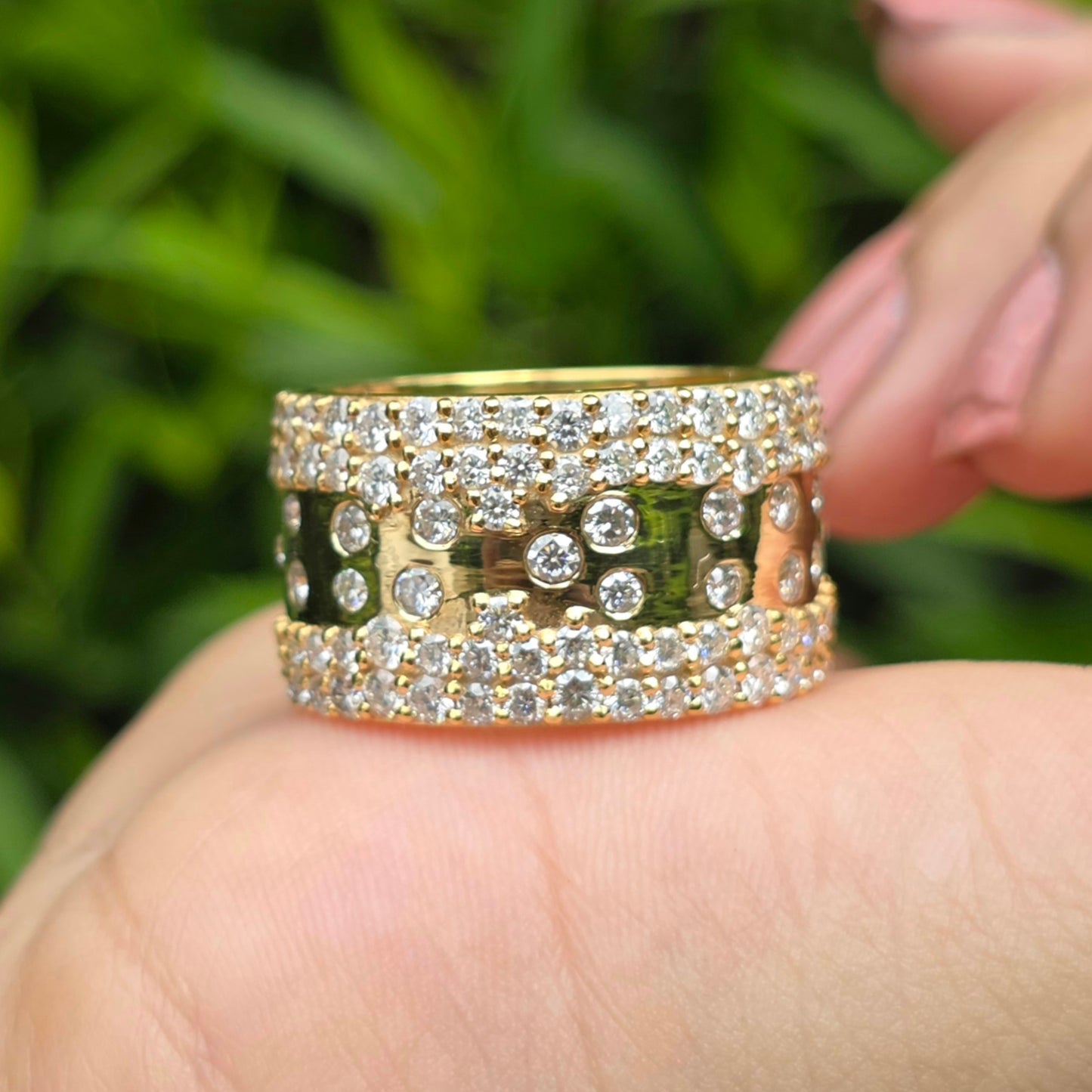 Chunky Wide Diamond Band, 14k Gold Pave Wedding Ring, Multi-Row Diamond Cocktail & Bold Designer Style Ring, Unique Promise Ring For Women