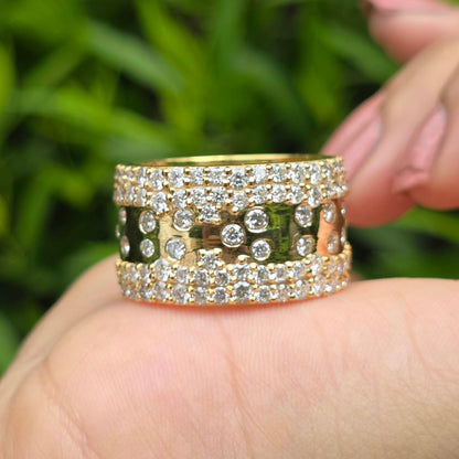 Chunky Wide Diamond Band, 14k Gold Pave Wedding Ring, Multi-Row Diamond Cocktail & Bold Designer Style Ring, Unique Promise Ring For Women