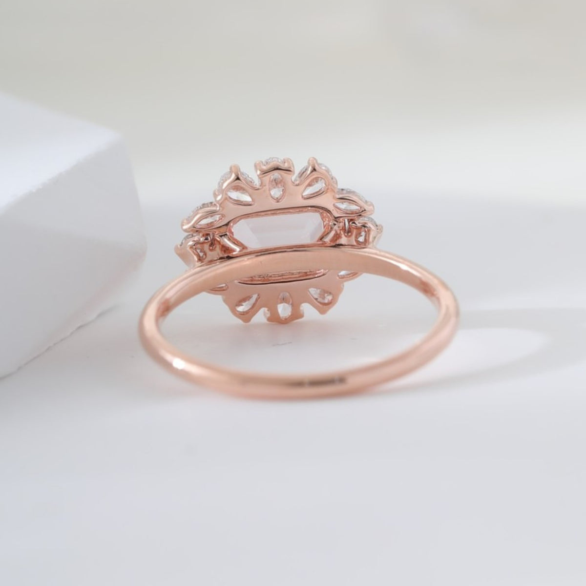 Lab Emerald Cut Pink Gemstone With Floral Halo Cluster Diamond Engagement Ring