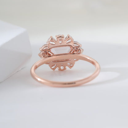 Lab Emerald Cut Pink Gemstone With Floral Halo Cluster Diamond Engagement Ring