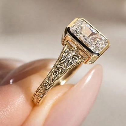 Bezel Set Radiant Moissanite Engagement Ring Vintage14K Solid Gold Promise Ring Hand Engraved Wedding Band Ring For Women