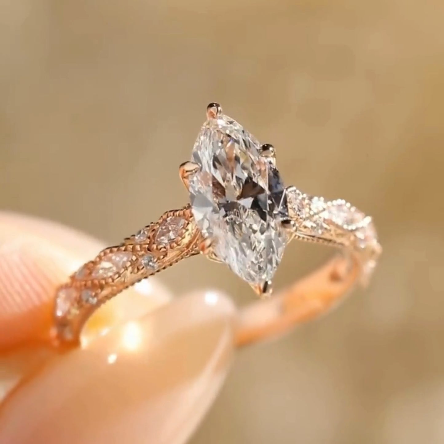 Milgrain 2 CT Marquise Moissanite Diamond Engagement Ring, Unique Art Deco Wedding Ring, Vintage 14K Rose Gold Promise Ring, Proposal Ring for Her