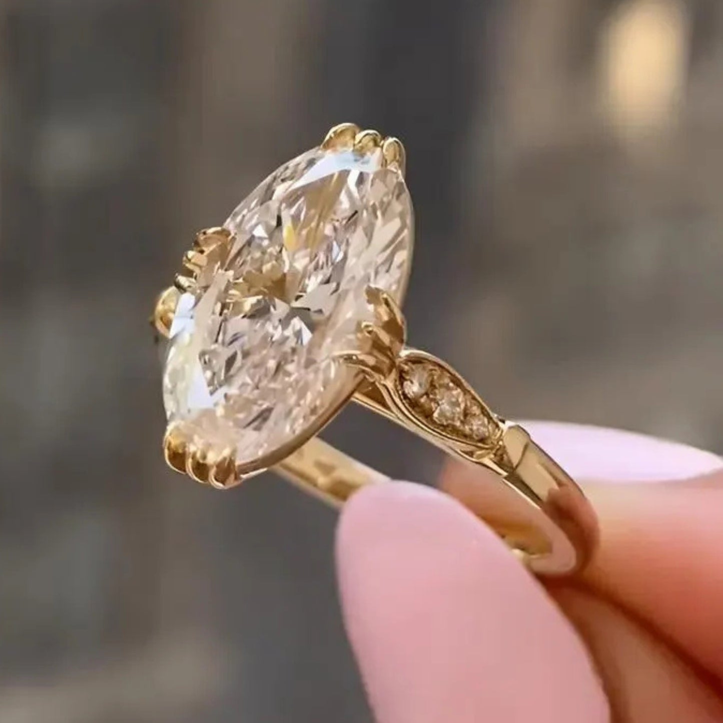 4 CT Moval Cut Moissanite Engagement Ring, 14 Solid Gold Inspired Solitaire with Side Stones Wedding Ring