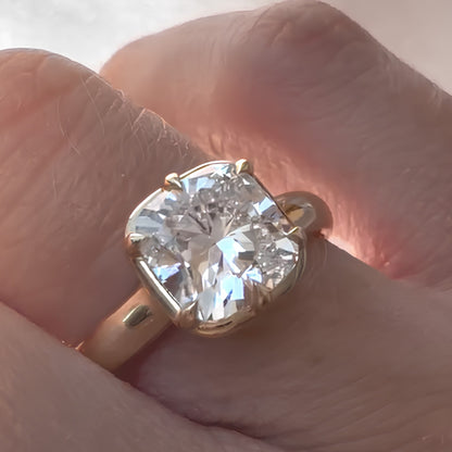 East West Cushion Cut Bezel Moissanite Engagement Ring in Yellow Gold
