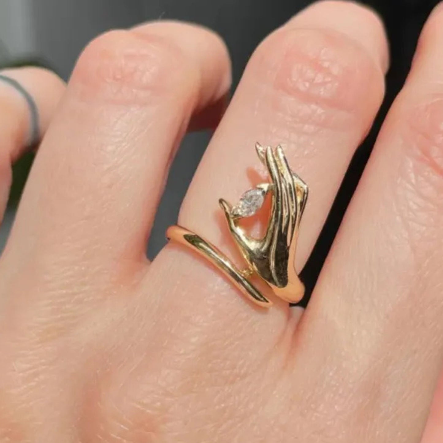 Hand Holding Moissanite Diamond Ring, Unique Marquise Cut Engagement Ring, 14k Gold Ring Statement Ring, Open Band Ring, Wedding Gifts.