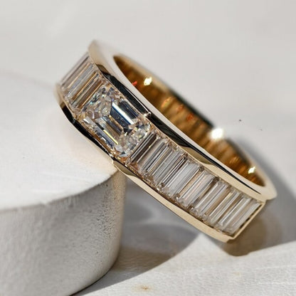Mens East West Emerald Cut With Channel Set Baguette Moissanite Wedding Band