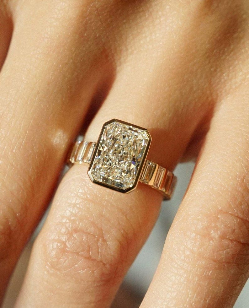 Bezel Set Radiant Cut Moissanite Engagement Ring - Channel Set Baguette Band Gold Ring