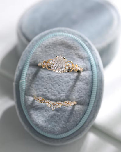 Pear Moissanite Crown Engagement Ring Twisted Band Wedding Set