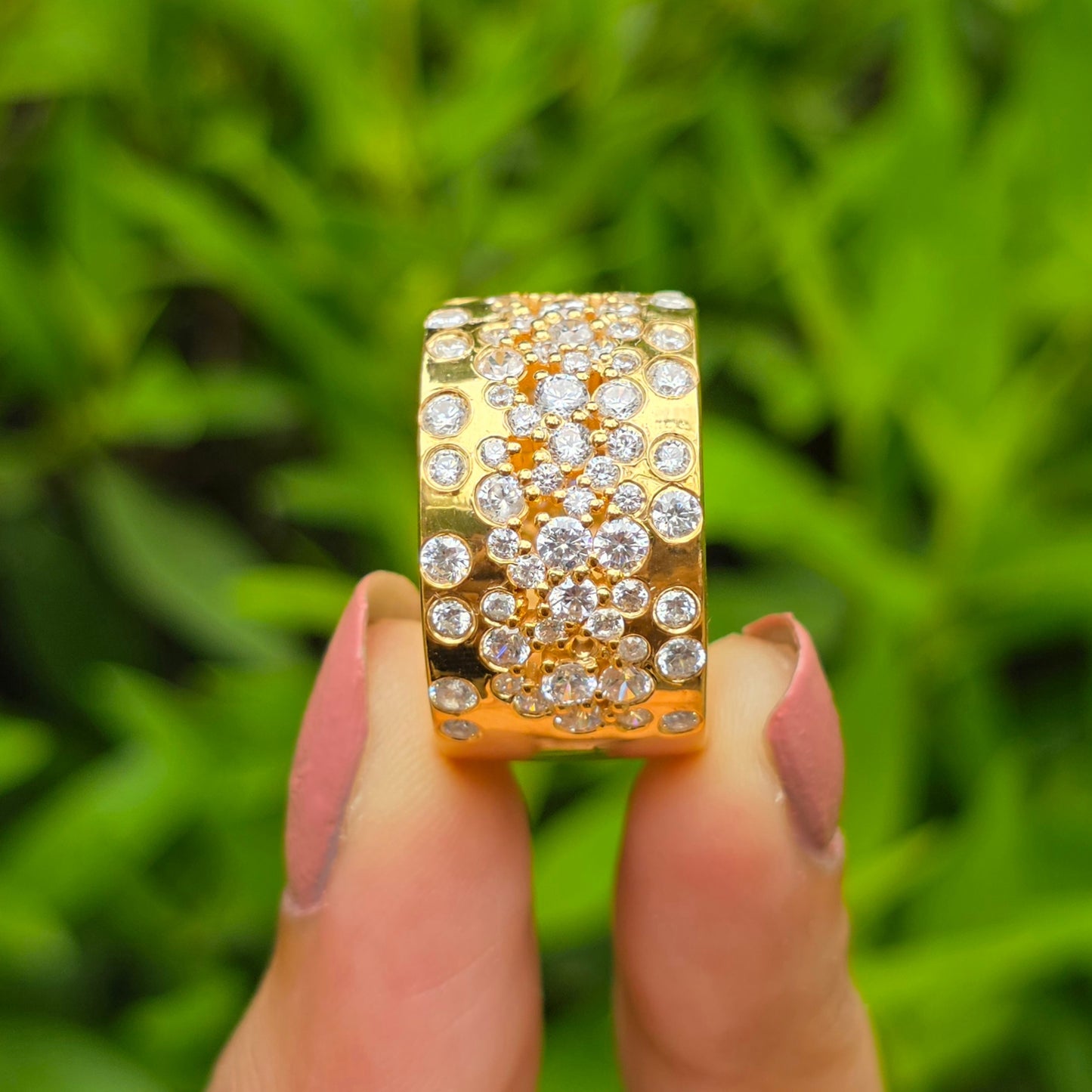 Gorgeous Round Moissanite Diamond Wide Band, Flush Set Scattered Wedding Band, 14K Solid Yellow Gold Plated Cigar Band, Cocktail Women Rings