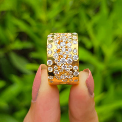 Gorgeous Round Moissanite Diamond Wide Band, Flush Set Scattered Wedding Band, 14K Solid Yellow Gold Plated Cigar Band, Cocktail Women Rings