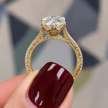 Vintage 3CT Dutch Marquise Moissanite Diamond Engagement Ring,14K Solid Gold Promise Ring, Hand Engraved Split Shank Wedding Ring For Her